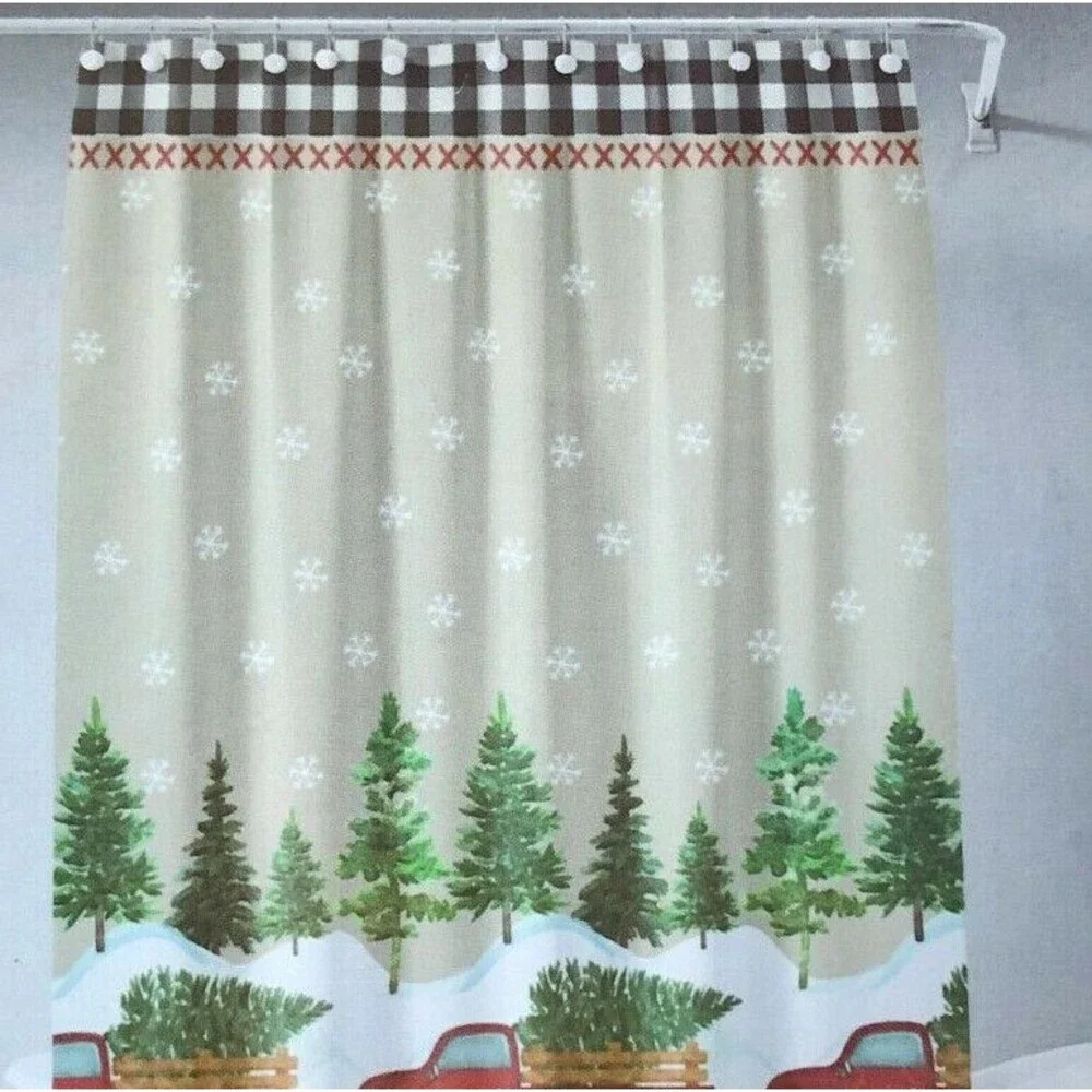 Avanti Christmas Red Farm Truck Fabric Shower Curtain Holiday Buffalo Check
